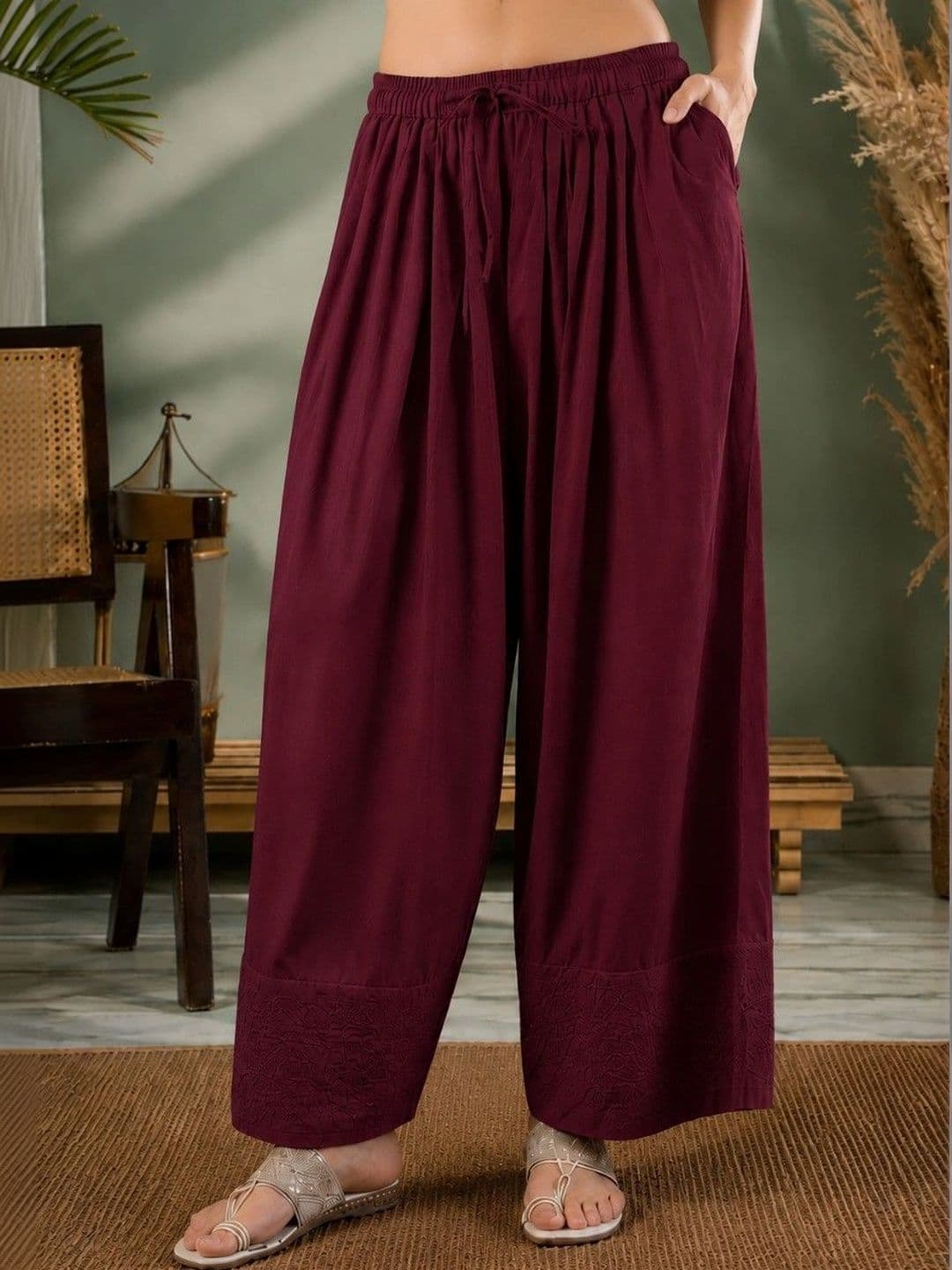 Sangria Women Pleated Thread Work Pure Cotton Top with Palazzos thumbnail 3