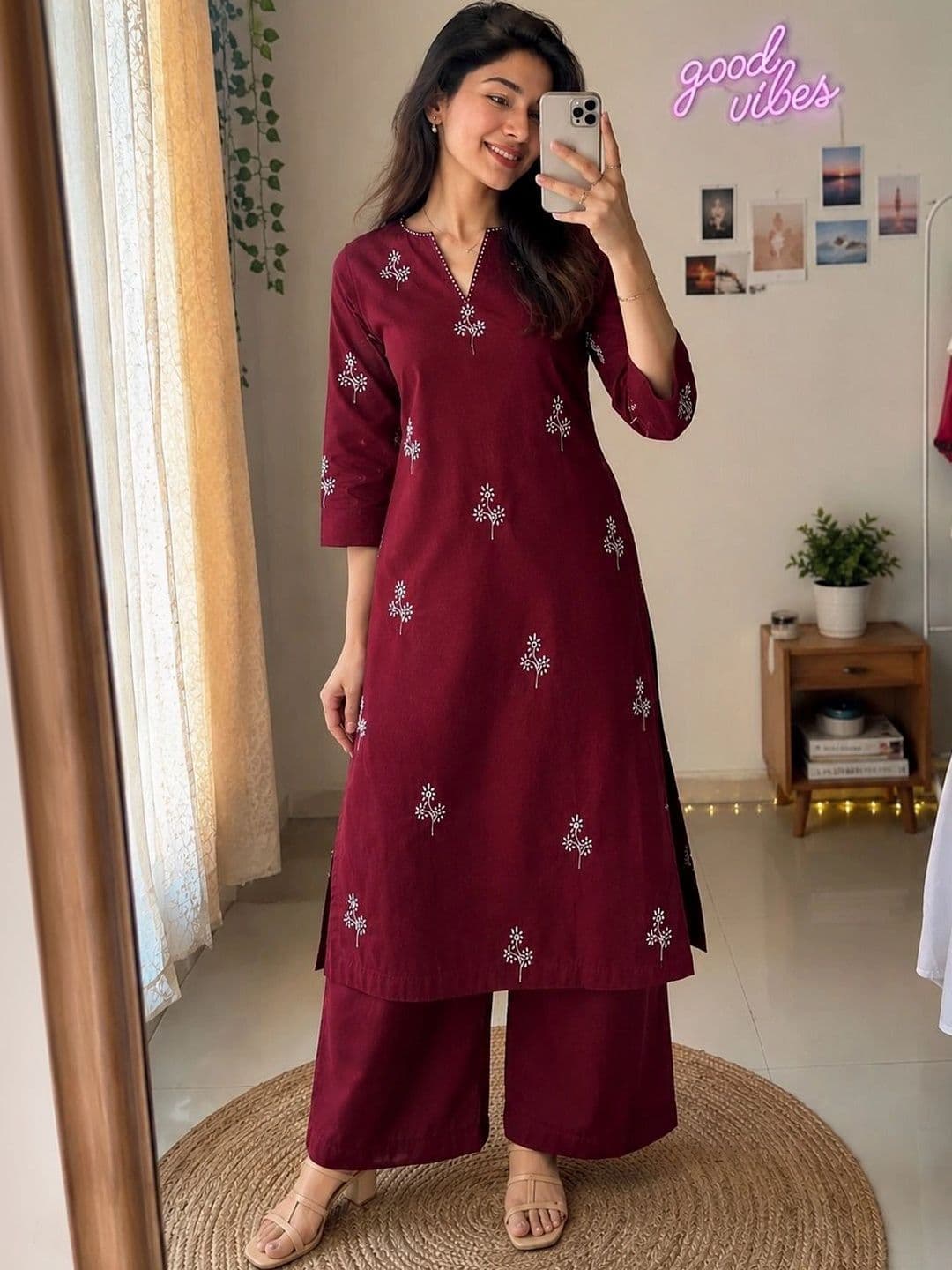 SALE MANTRA Women Ethnic Motifs Embroidered Regular Thread Work Pure Cotton Kurta with Palazzos thumbnail 5