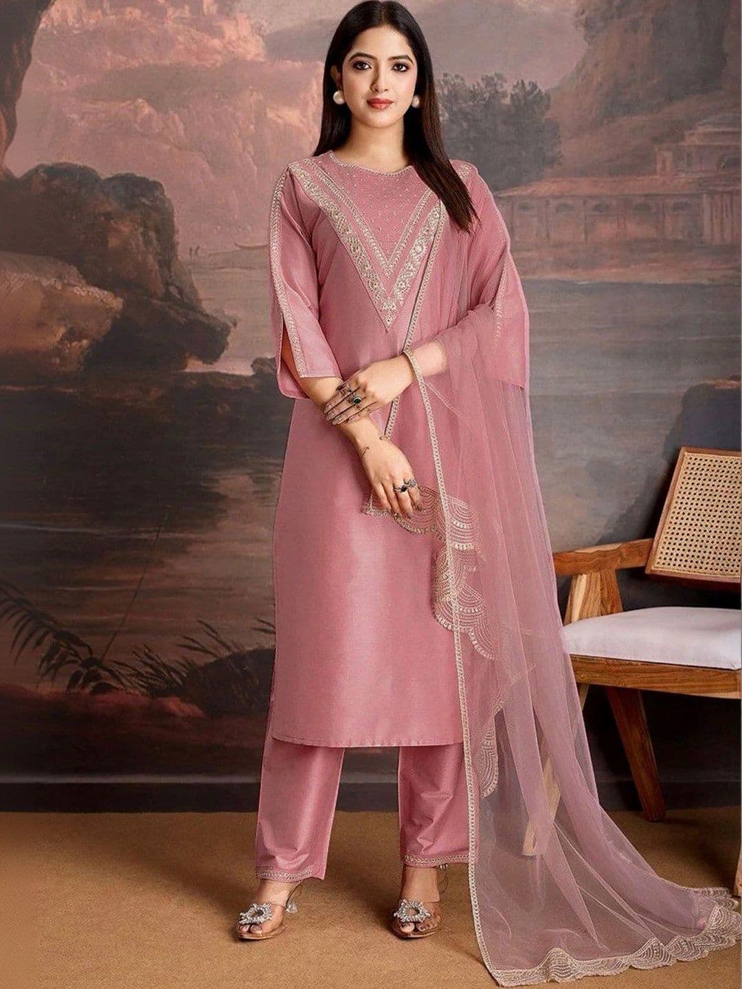 KALINI Women Ethnic Motifs Embroidered Regular Thread Work Silk Chiffon Kurta with Trousers & With Dupatta - view 1