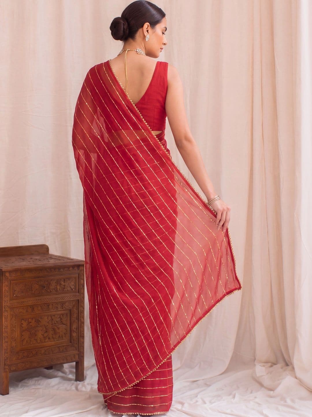 House of Pataudi Striped Zari Poly Georgette Designer Saree thumbnail 2