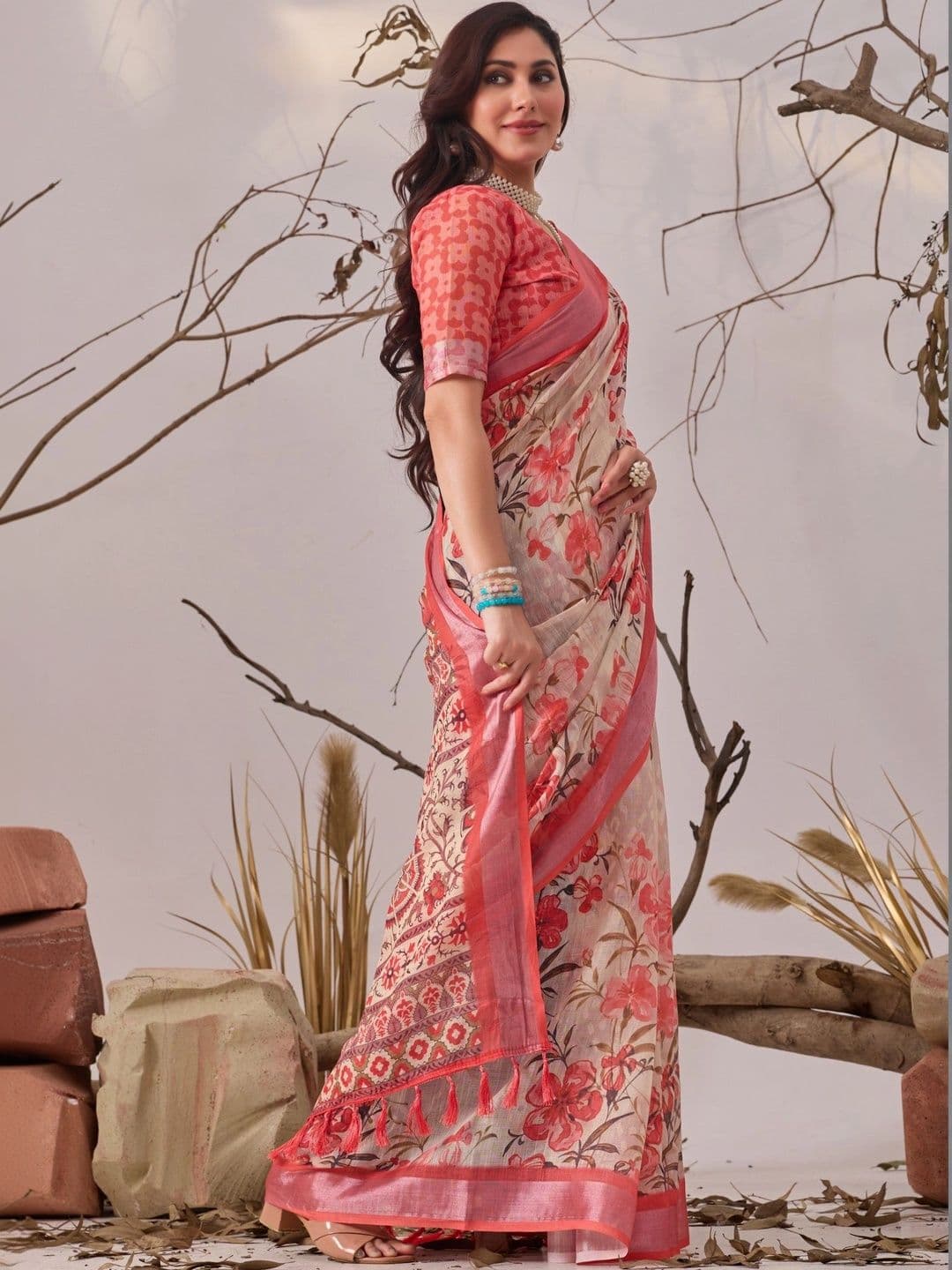 Moda Rapido Floral Linen Blend Fusion Saree thumbnail 7
