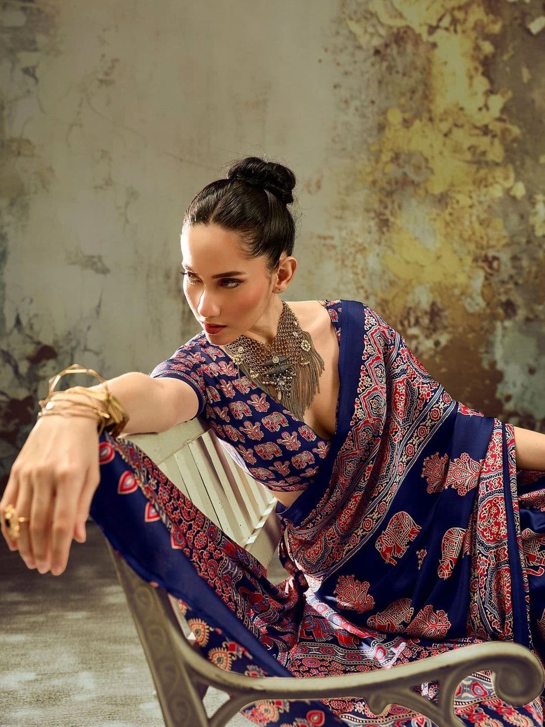 Sangria Ajrak Block Satin Designer Block Print Saree thumbnail 7