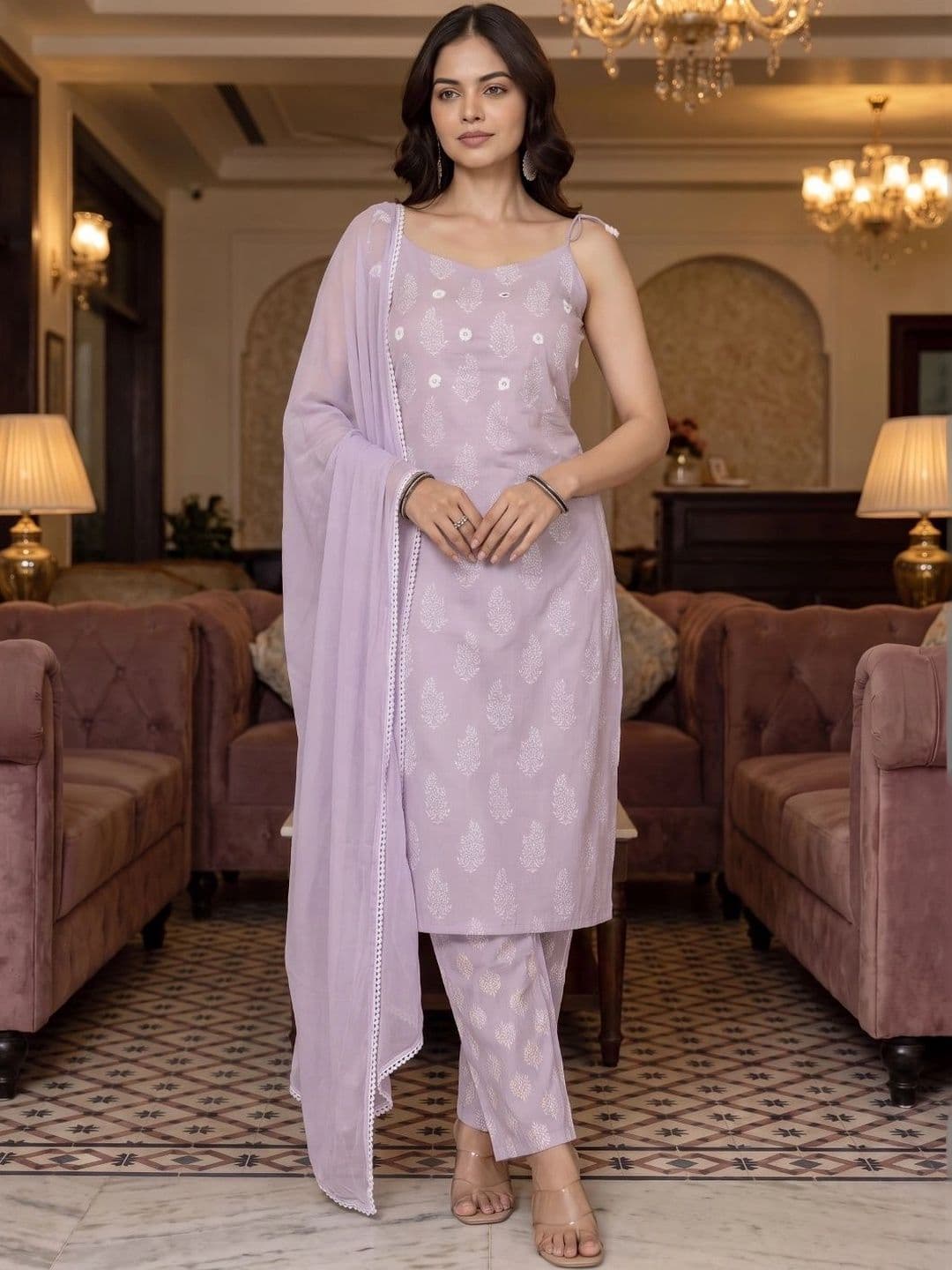 BrownEra Women Ethnic Motifs Printed Regular Mirror Work Kurta with Trousers & With Dupatta thumbnail 3