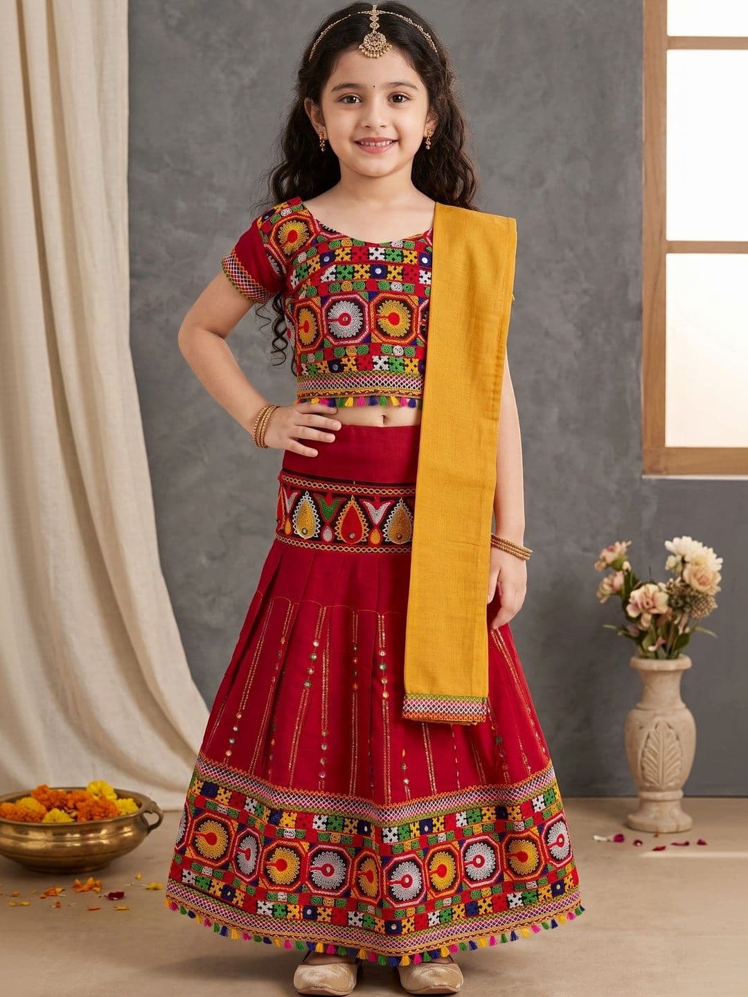 ahhaaaa Girls Embroidered Mirror Work Ready to Wear Lehenga & Blouse With Dupatta - view 1