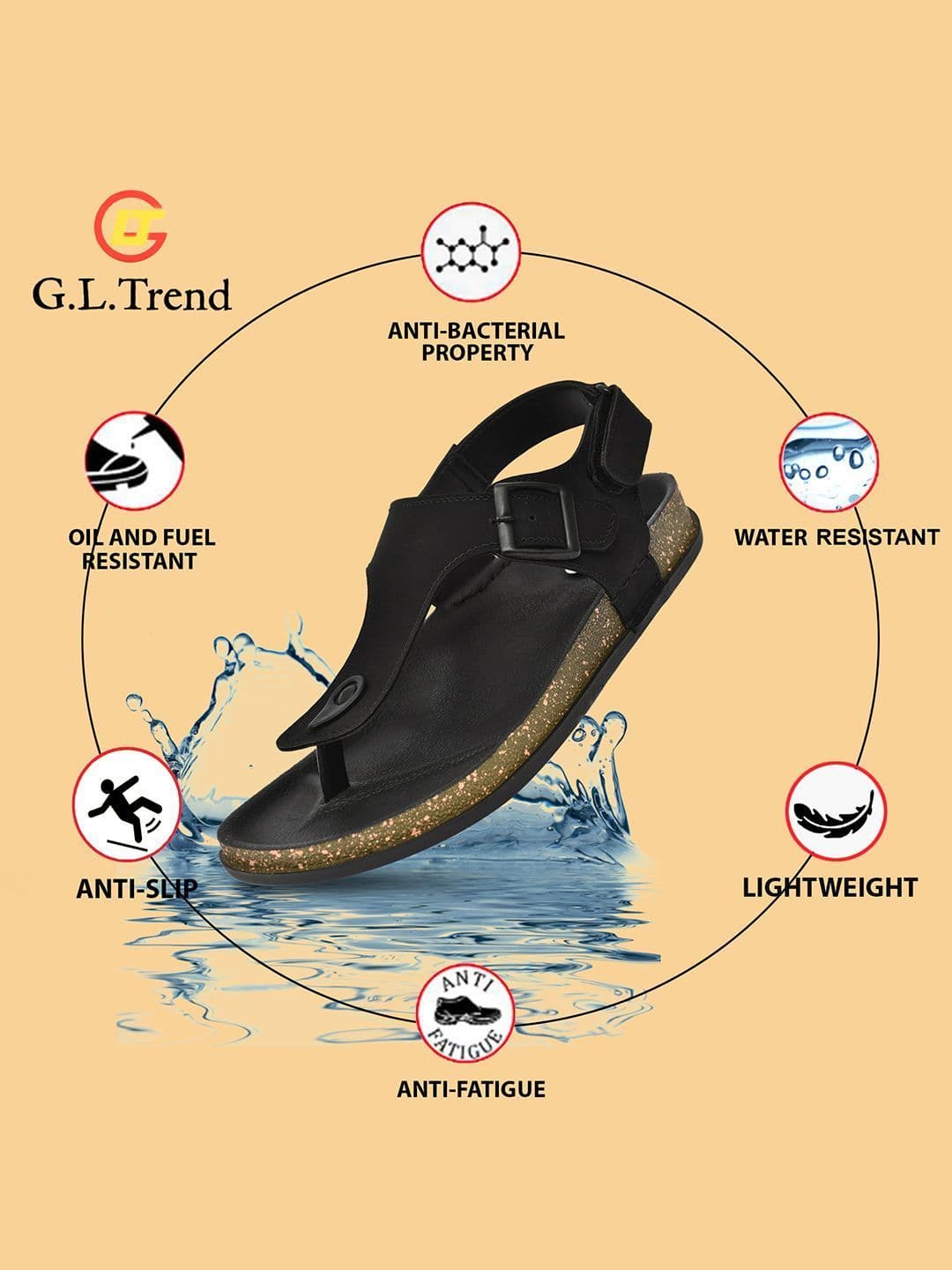 G L Trend Men Casual Iightweight Black T Strap Velcro Sandals thumbnail 5