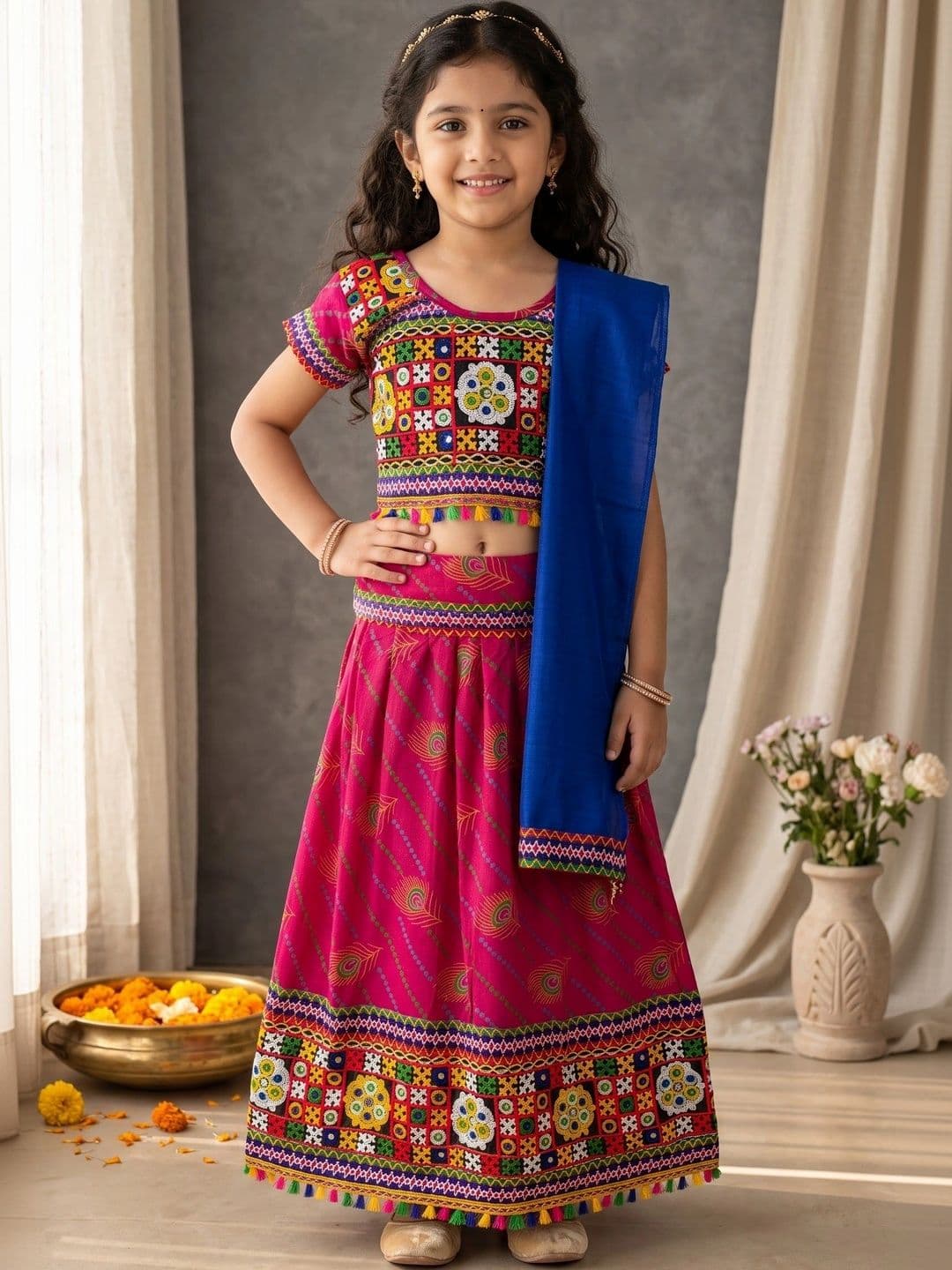 ahhaaaa Girls Embroidered Mirror Work Ready to Wear Lehenga & Blouse With Dupatta - view 1