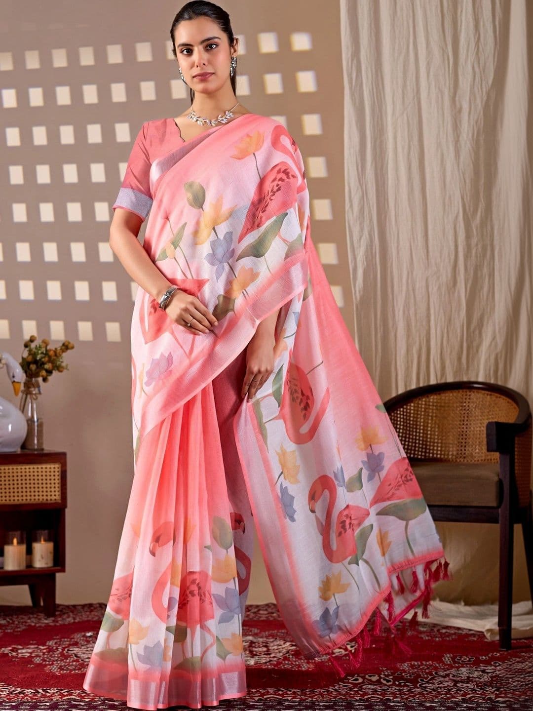 Moda Rapido Floral Zari Linen Blend Designer Saree - view 1