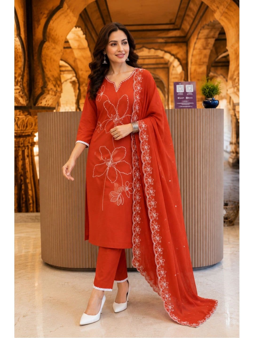 J MOGAL Women Ethnic Motifs Embroidered Regular Thread Work Kurta with Trousers & With Dupatta - view 1
