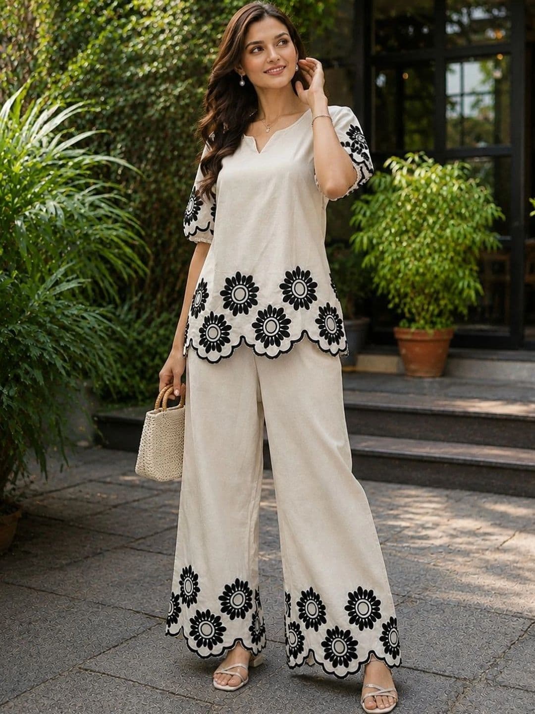 Moda Rapido Cotton Embroidered Top with Palazzos thumbnail 3