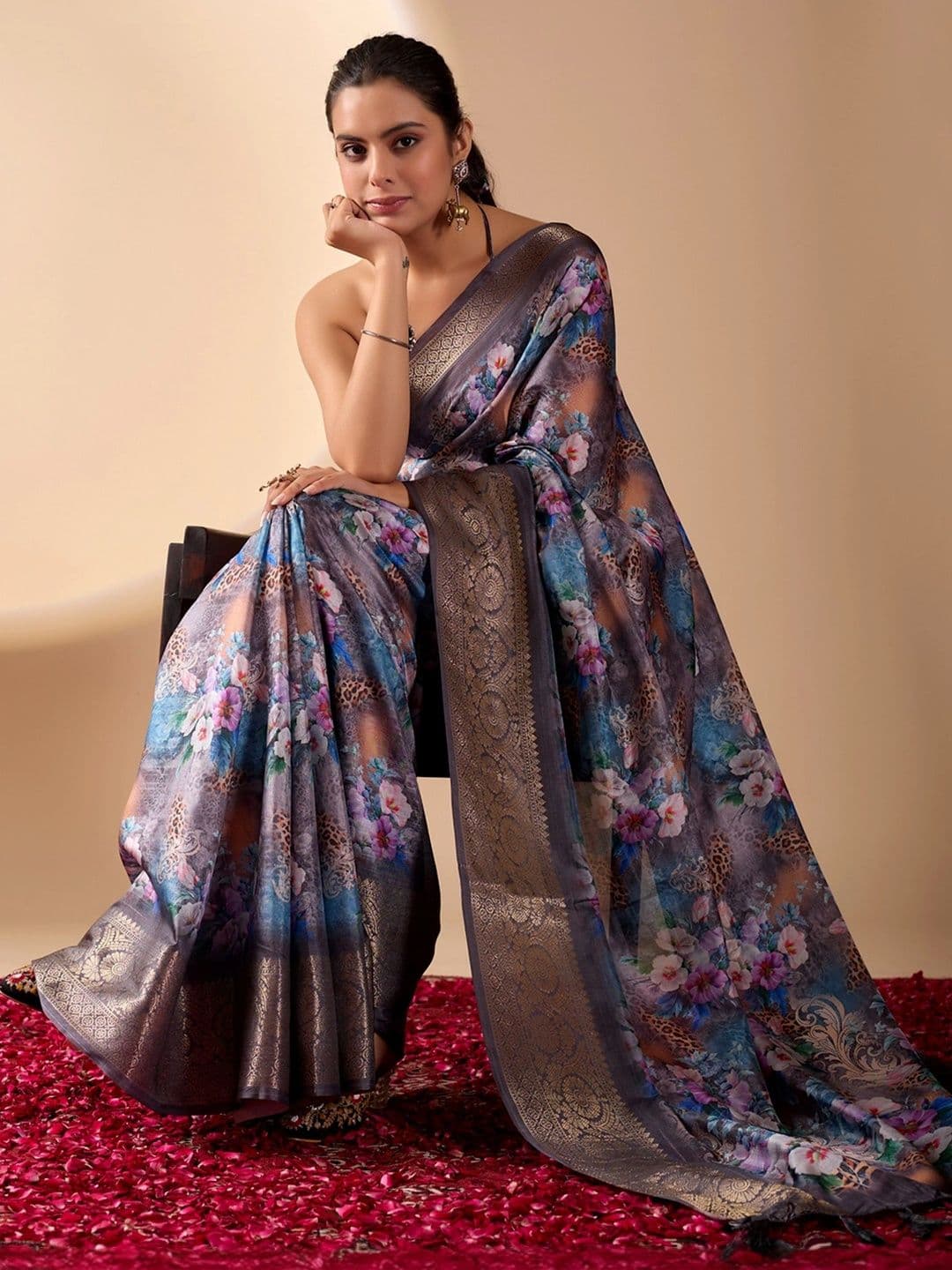 Moda Rapido Floral Zari Silk Blend Designer Saree thumbnail 6