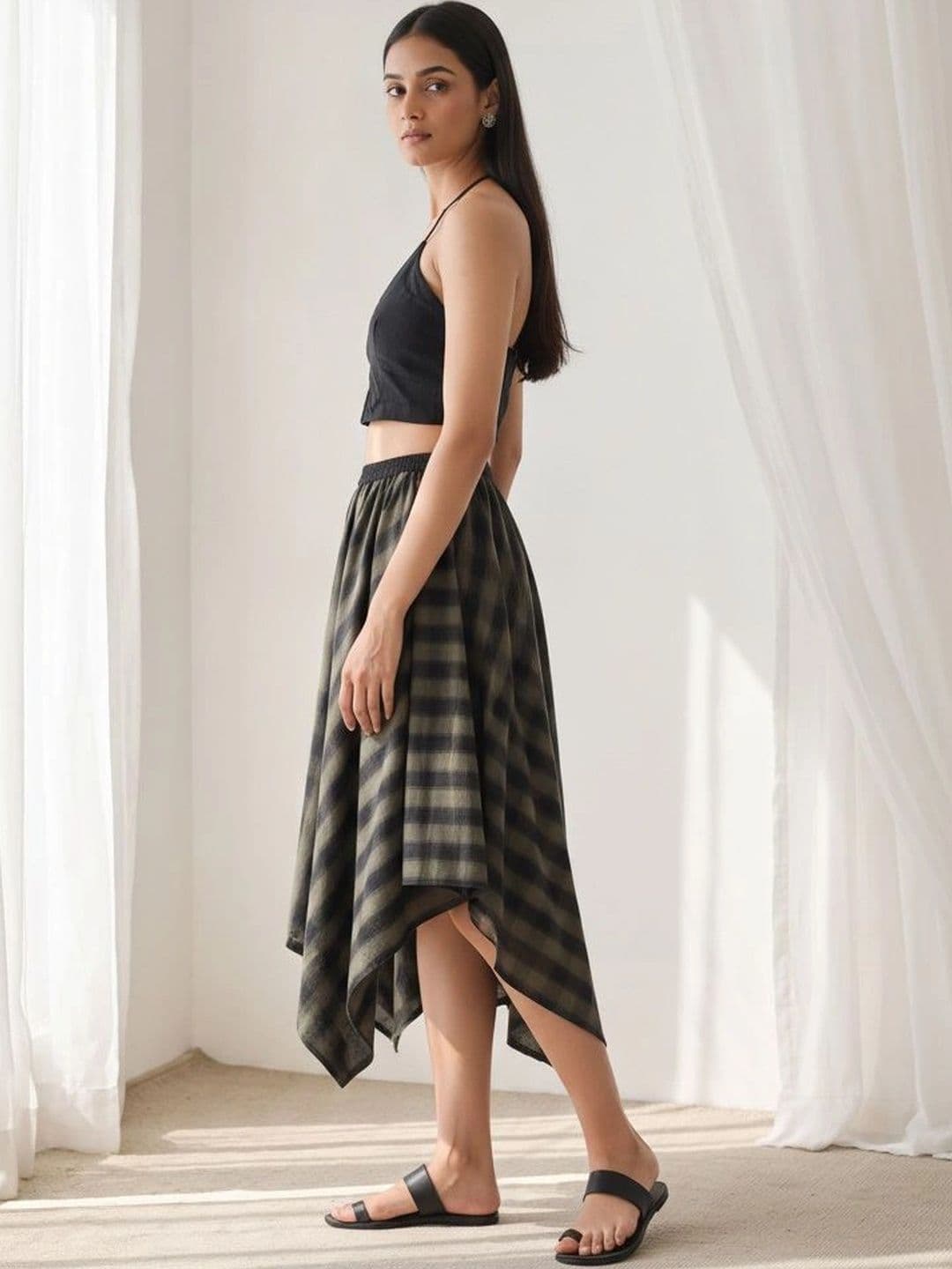 Hive91 Women Pure Cotton Checked Midi Flared Skirt thumbnail 3