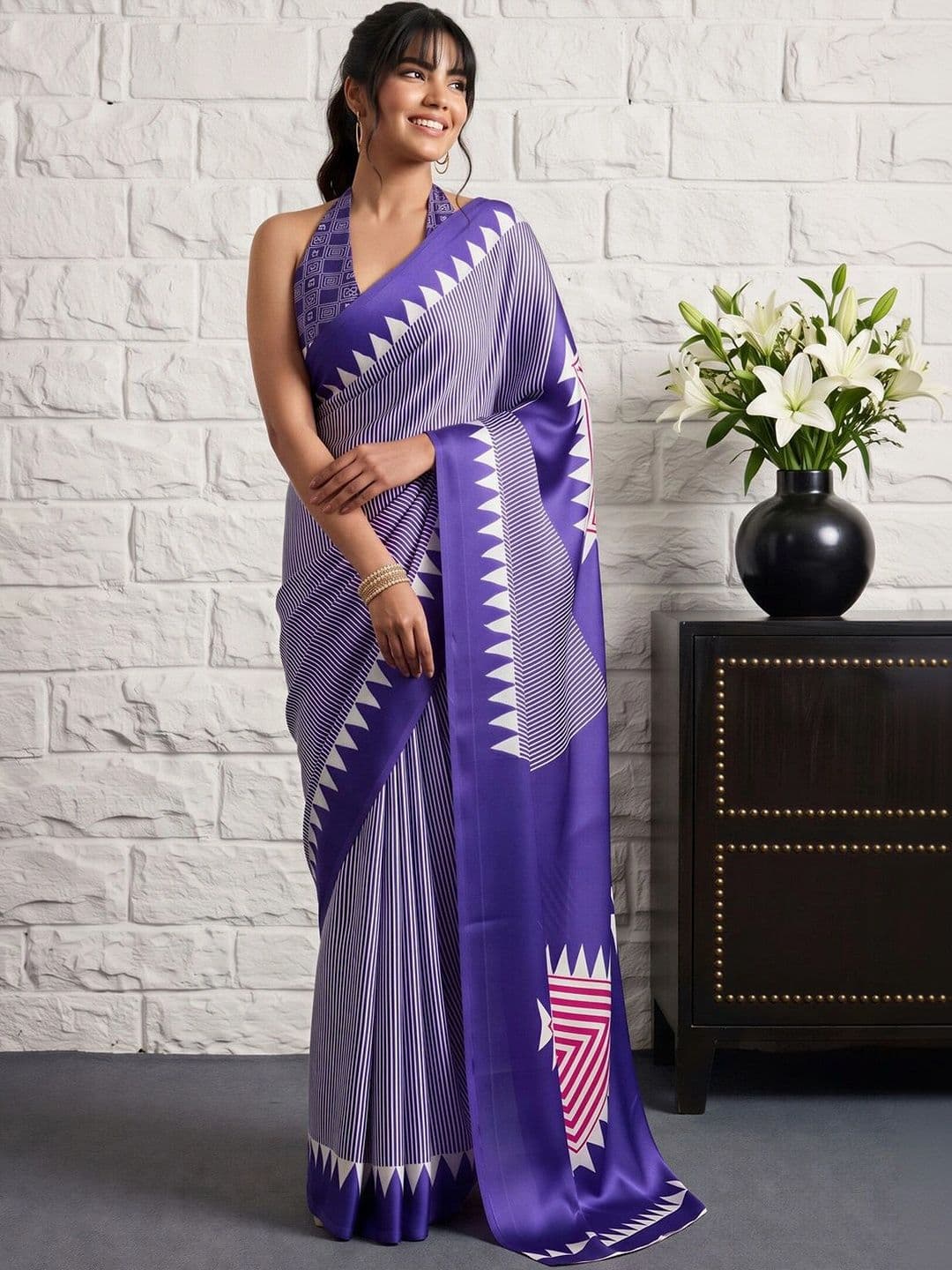 Anouk Striped Satin Designer Banarasi Saree - view 1
