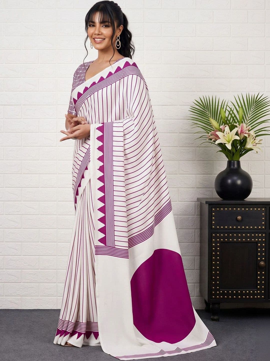 Anouk Striped Satin Designer Leheriya Saree thumbnail 7