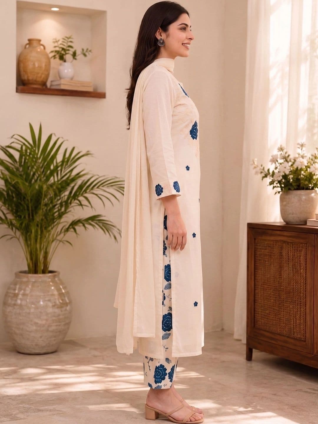 J MOGAL Women Floral Embroidered Regular Thread Work  Kurta & Trousers With Dupatta thumbnail 6