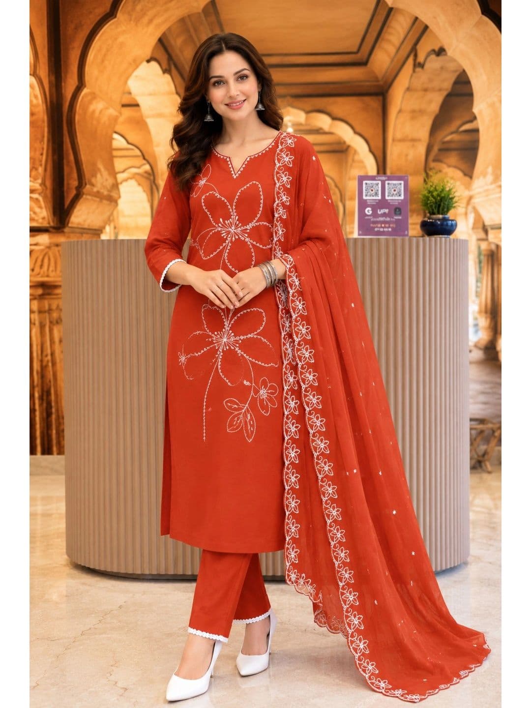 J MOGAL Women Ethnic Motifs Embroidered Regular Thread Work Kurta with Trousers & With Dupatta thumbnail 3