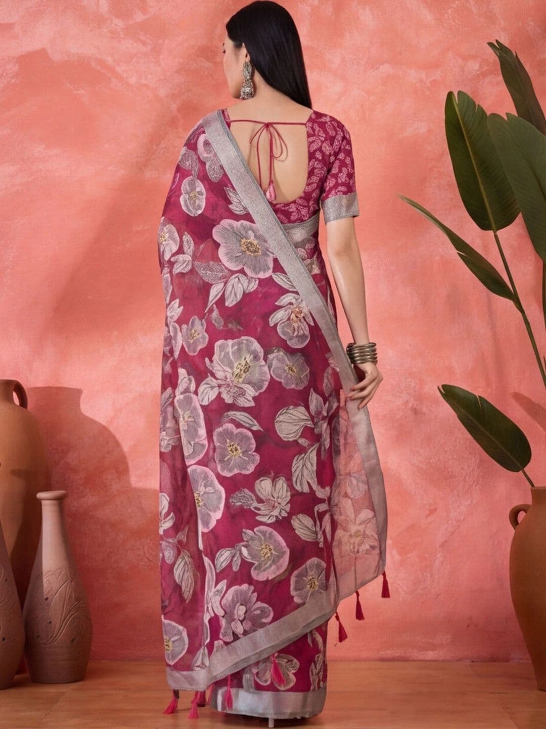 Anouk Rustic Floral Zari Pure Linen Designer Khadi Saree thumbnail 7
