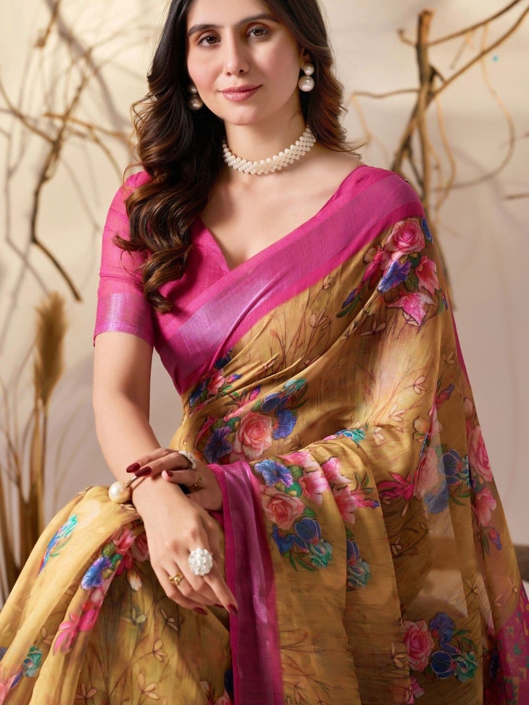 Moda Rapido Floral Zari Linen Blend Designer Saree thumbnail 6