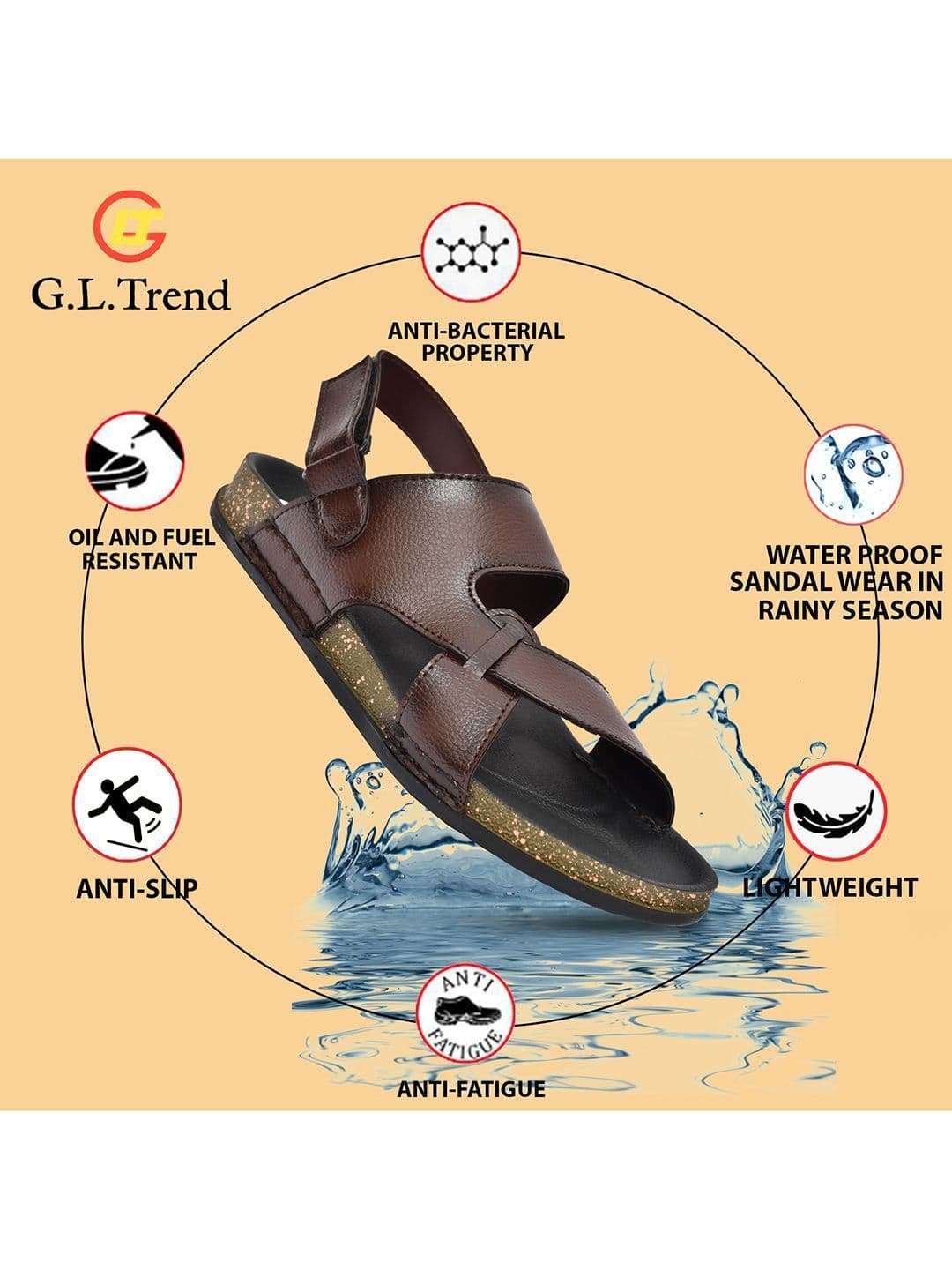 G L Trend Men Brown Casual comfortable Waterproof Leather Velcro Sandals thumbnail 6