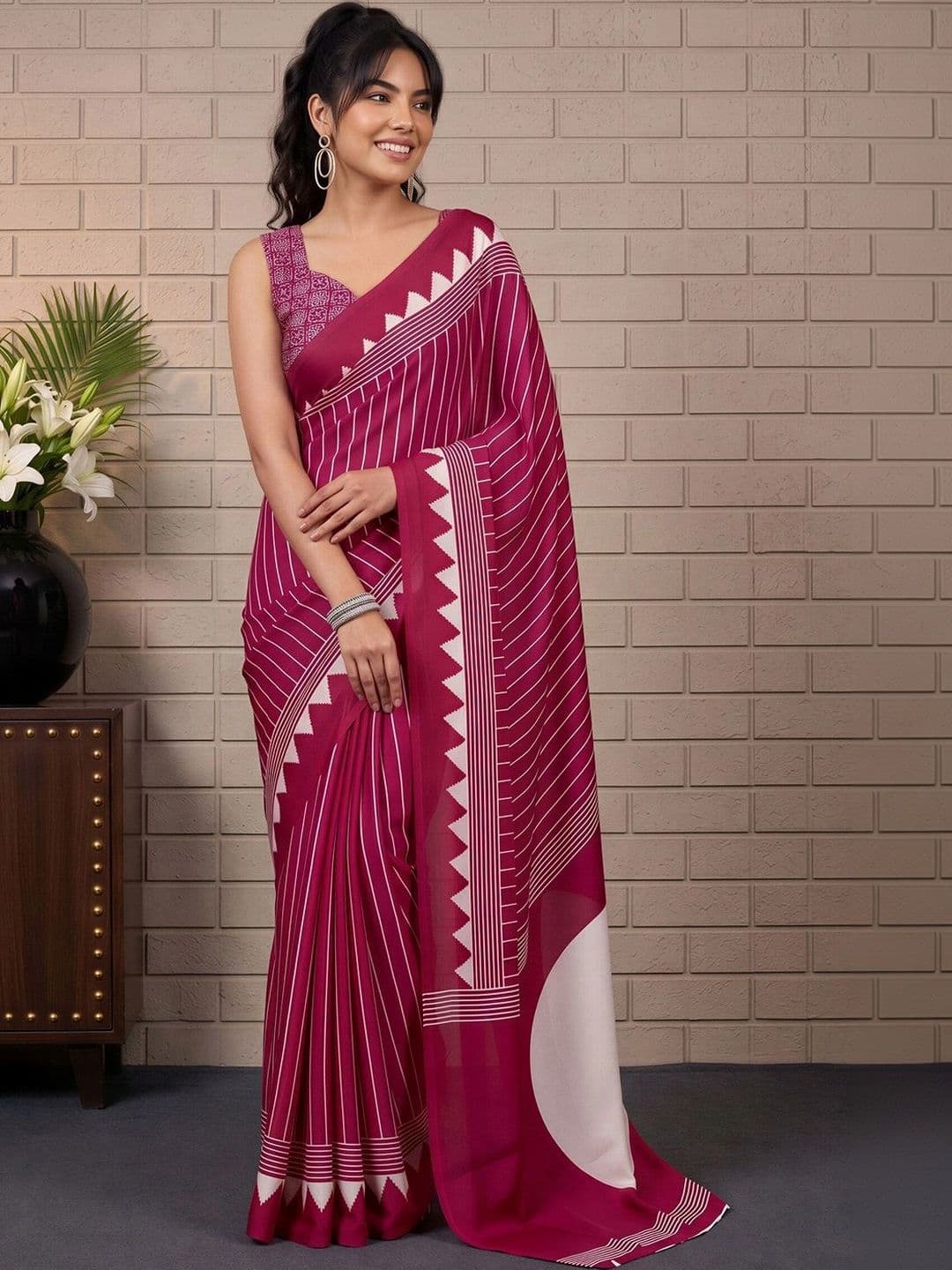 Anouk Striped Satin Designer Leheriya Saree thumbnail 3