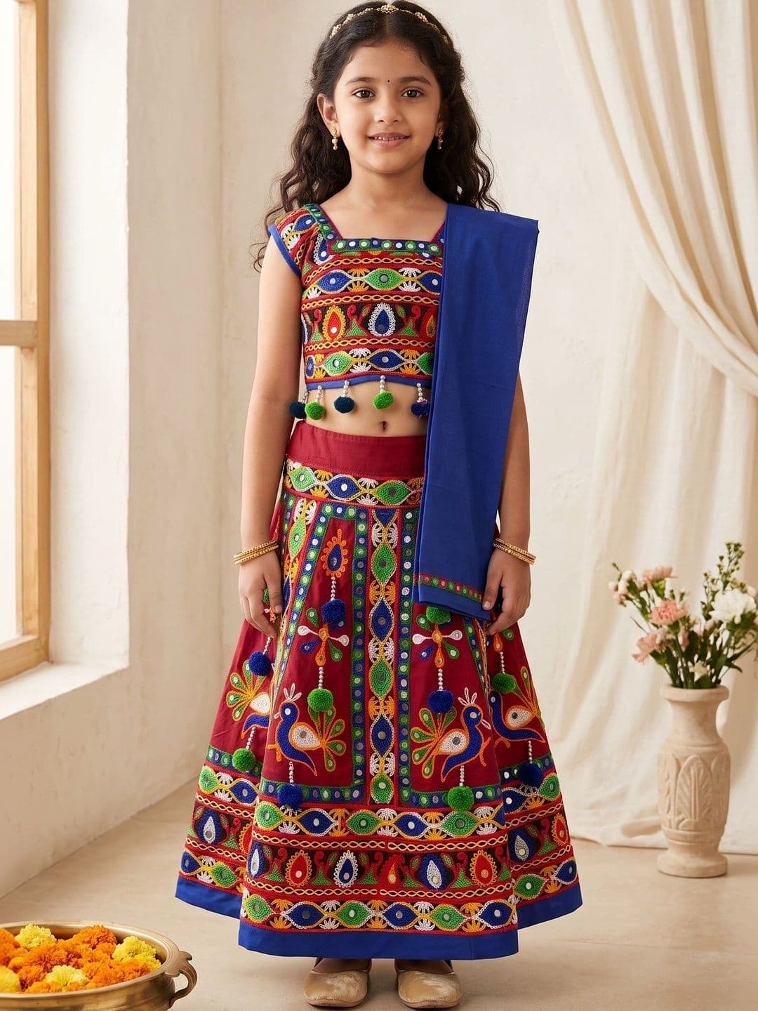 ahhaaaa Girls Embellished Mirror Work Ready to Wear Lehenga & Blouse With Dupatta - view 1