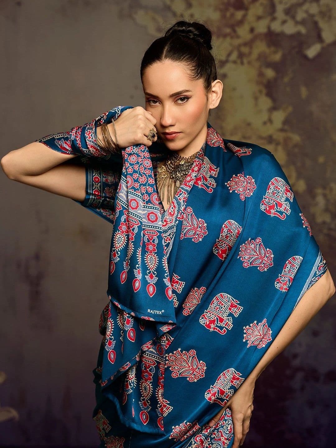 Sangria Ajrak Block Satin Designer Block Print Saree thumbnail 6