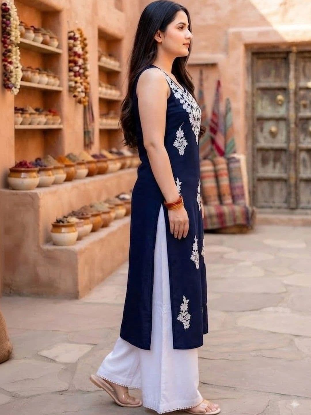 RUNAYA NX Women Ethnic Motifs Embroidered Regular Thread Work Kurta with Palazzos thumbnail 5