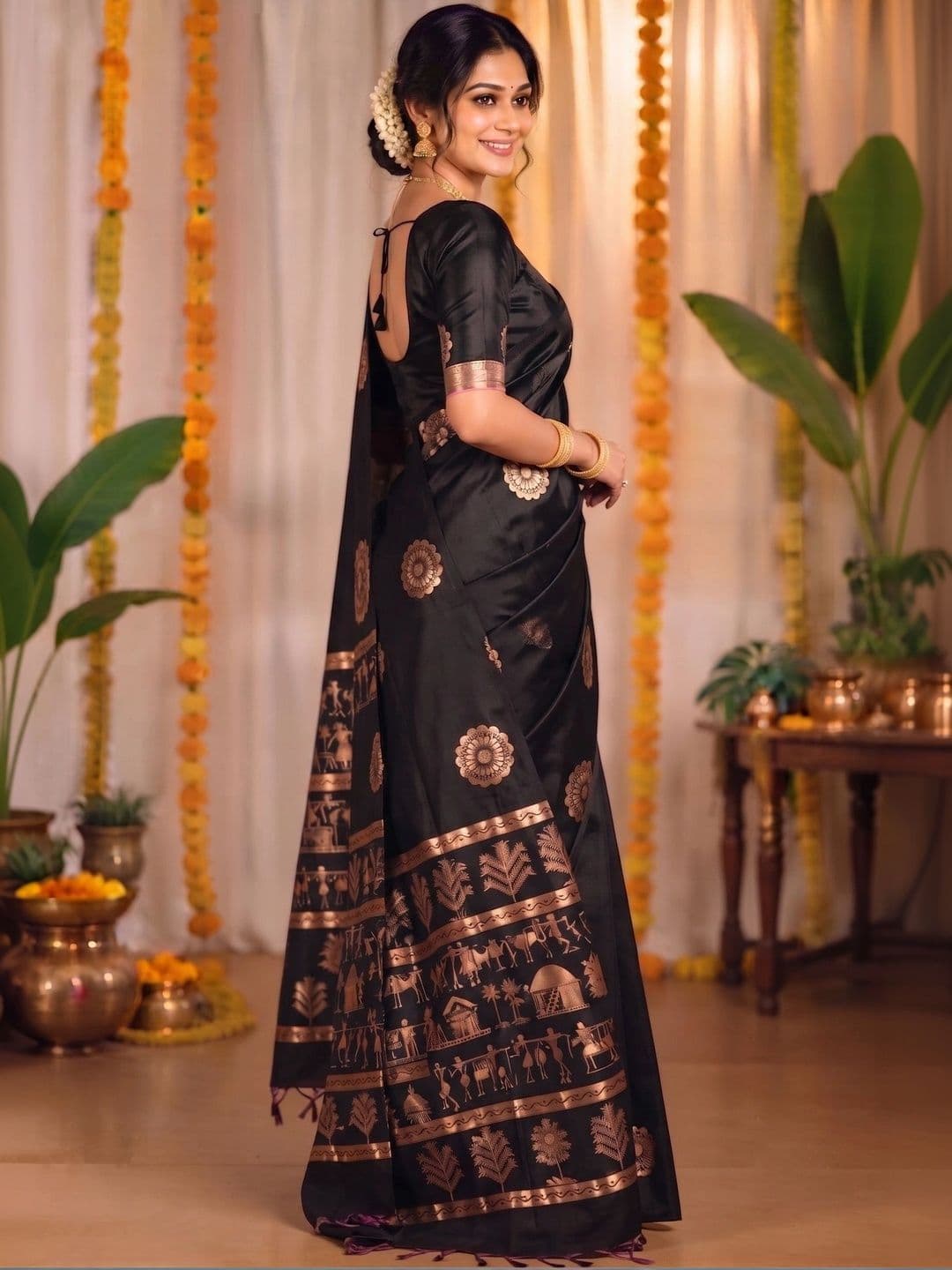 VILLE FASHION Women Warli Zari Art Silk Kanjeevaram Saree thumbnail 4