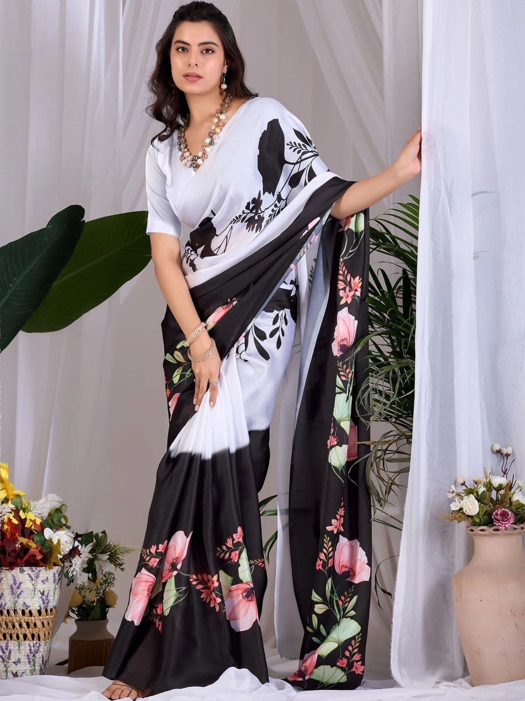 Moda Rapido Floral Satin Fusion Saree thumbnail 2