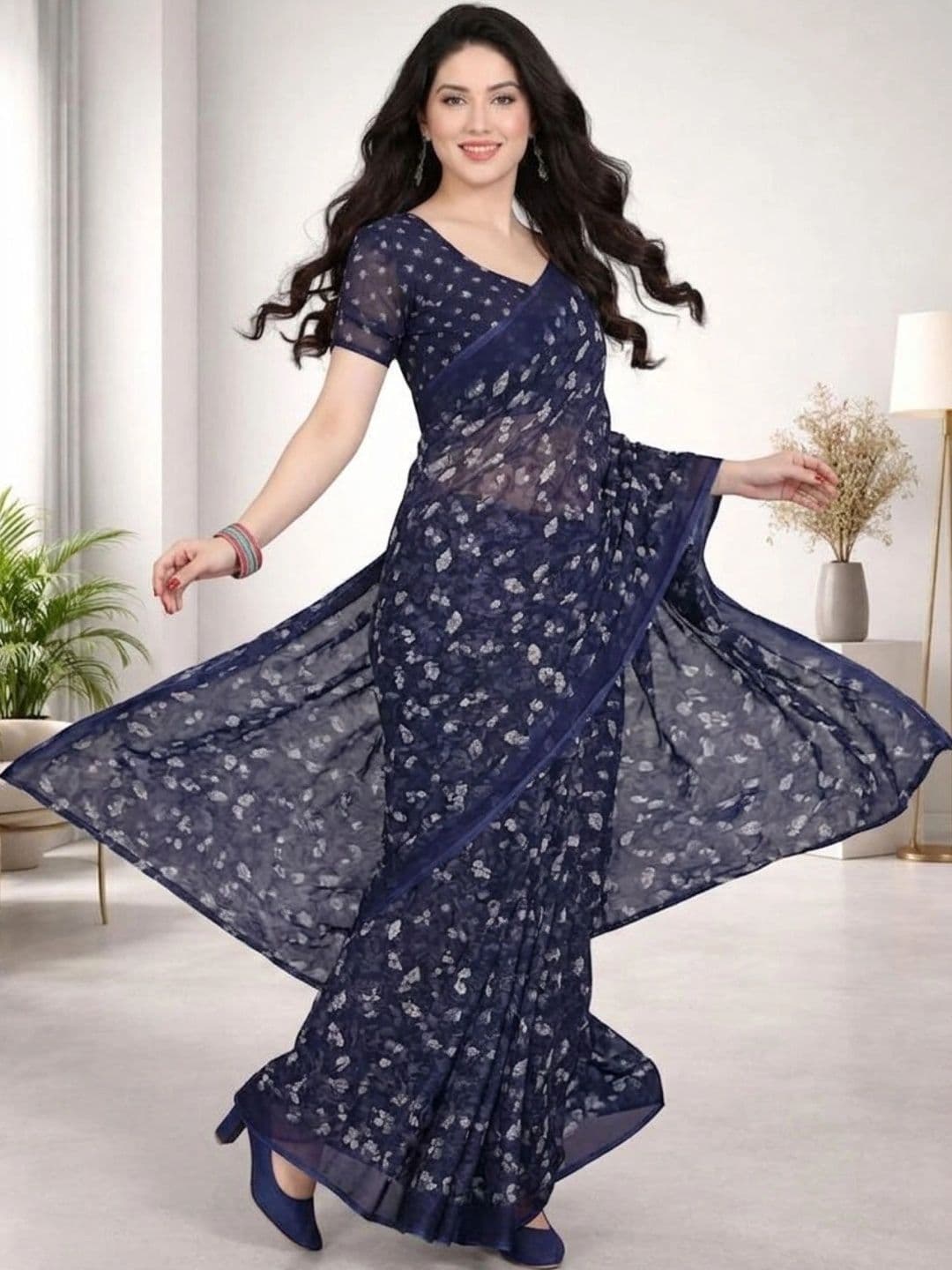 STYLE MODA Floral Poly Georgette Designer Saree thumbnail 3
