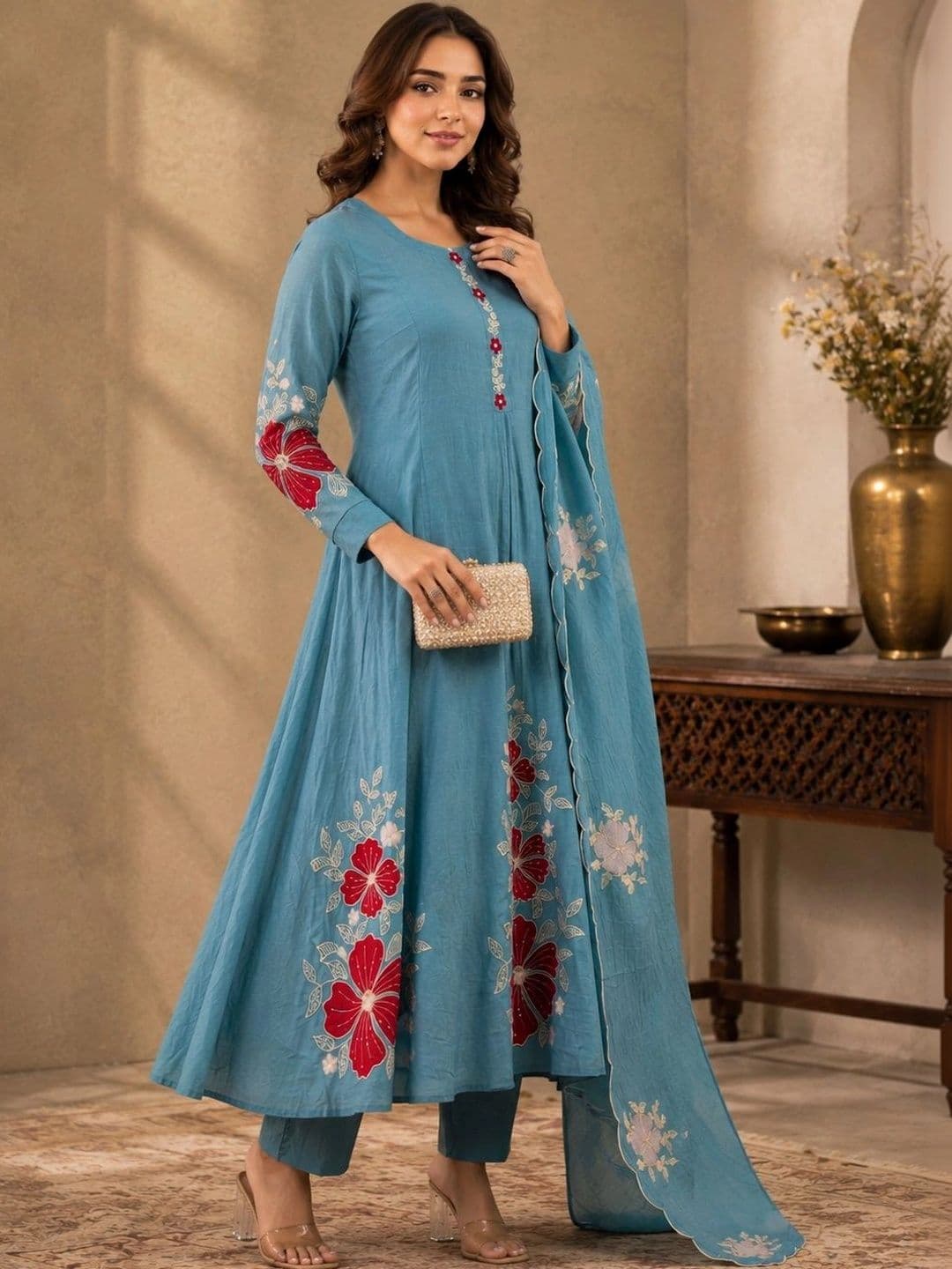 Sangria Women Floral Embroidered Regular Thread Work Kurta with Trousers & With Dupatta thumbnail 5
