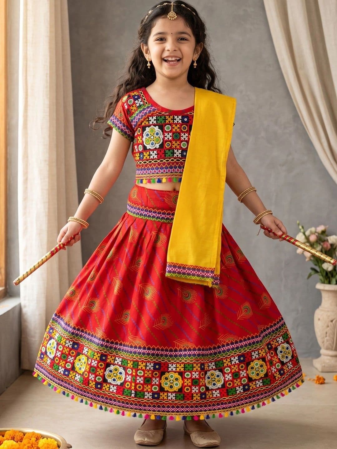 ahhaaaa Girls Embroidered Mirror Work Ready to Wear Lehenga & Blouse With Dupatta thumbnail 6