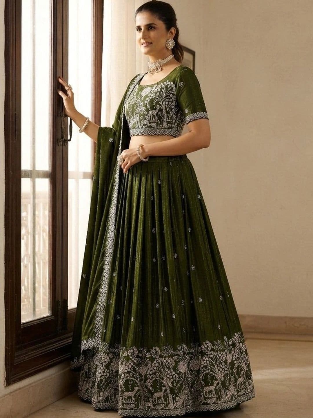 HERE&NOW Embroidered Thread Work Semi-Stitched Lehenga & Blouse With Dupatta - view 1