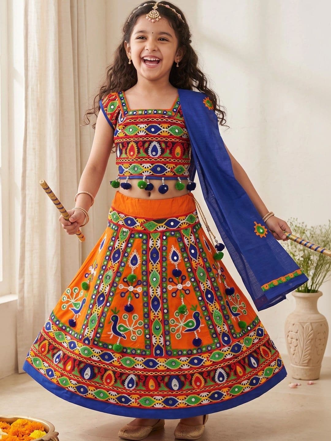 ahhaaaa Girls Embroidered Mirror Work Ready to Wear Lehenga & Blouse With Dupatta thumbnail 3