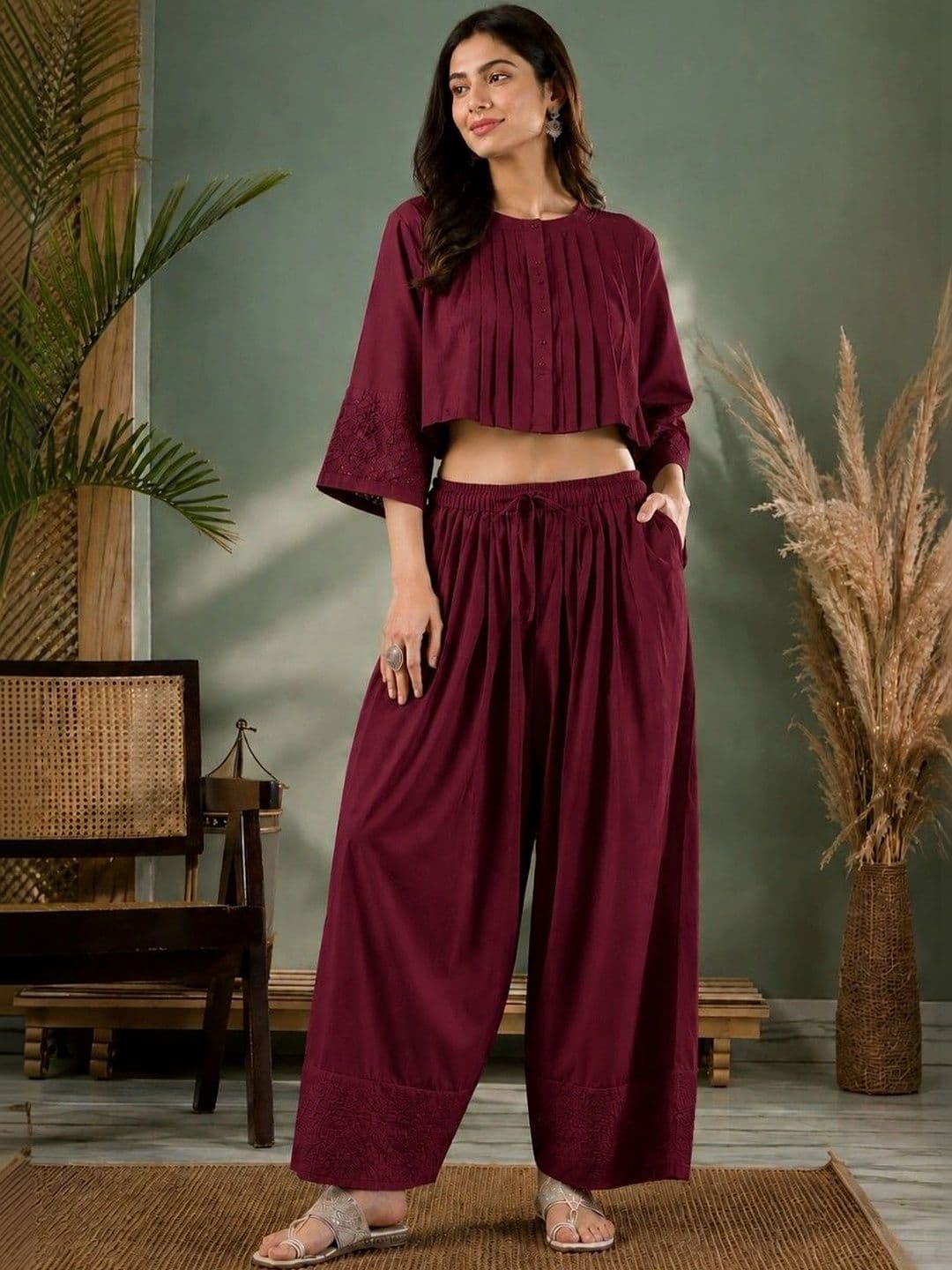 Sangria Women Pleated Thread Work Pure Cotton Top with Palazzos - view 1