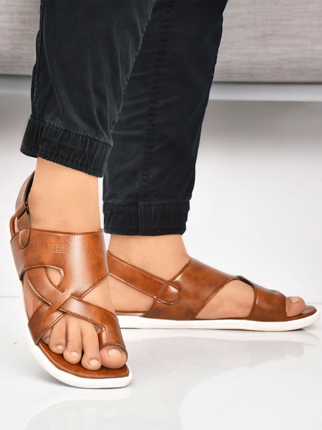 G L Trend Men Tan Solid Casual Comfort Sandals with Cross-Strap Design thumbnail 4