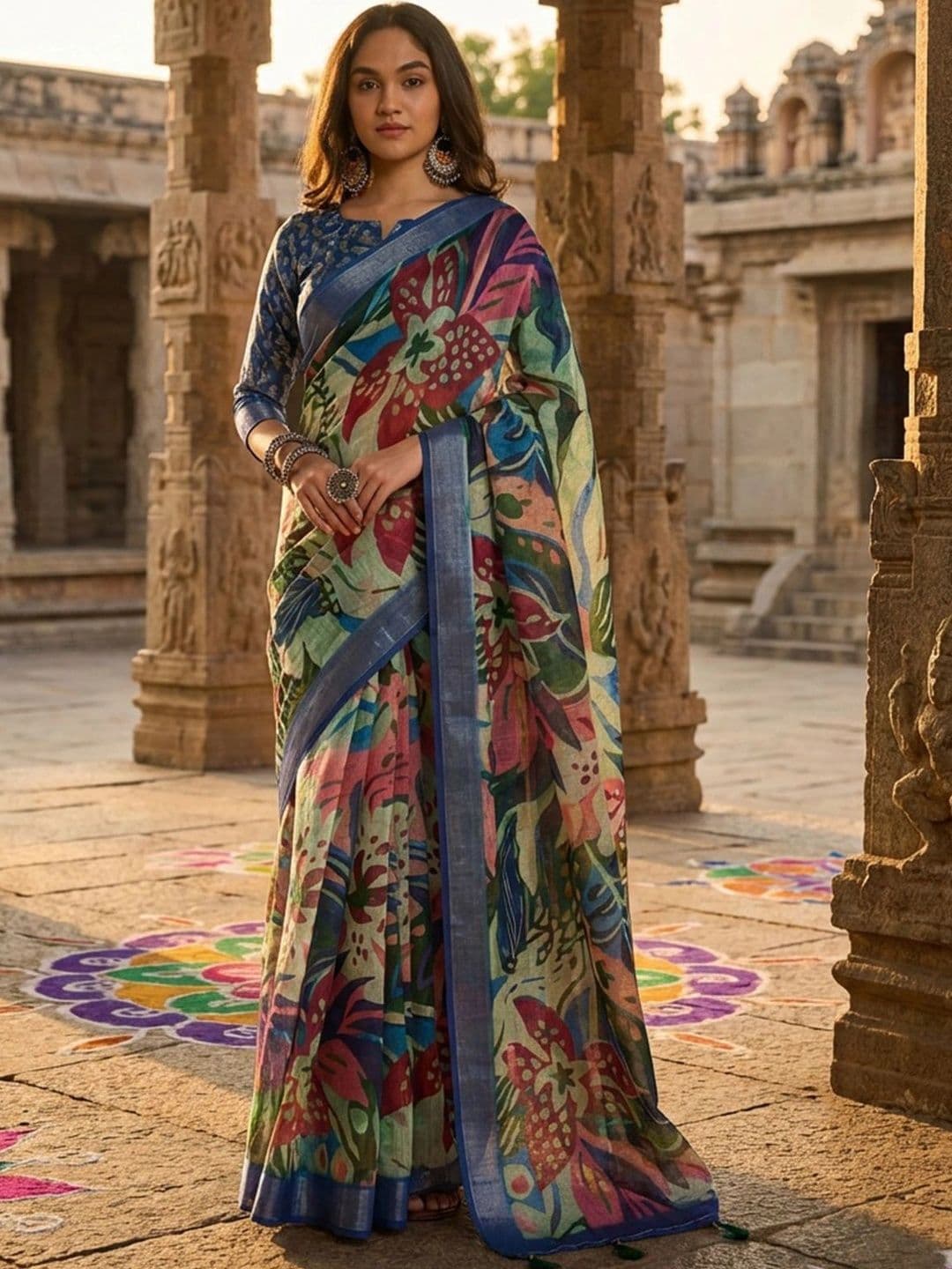 Anouk Rustic Floral Zari Pure Linen Designer Khadi Saree - view 1