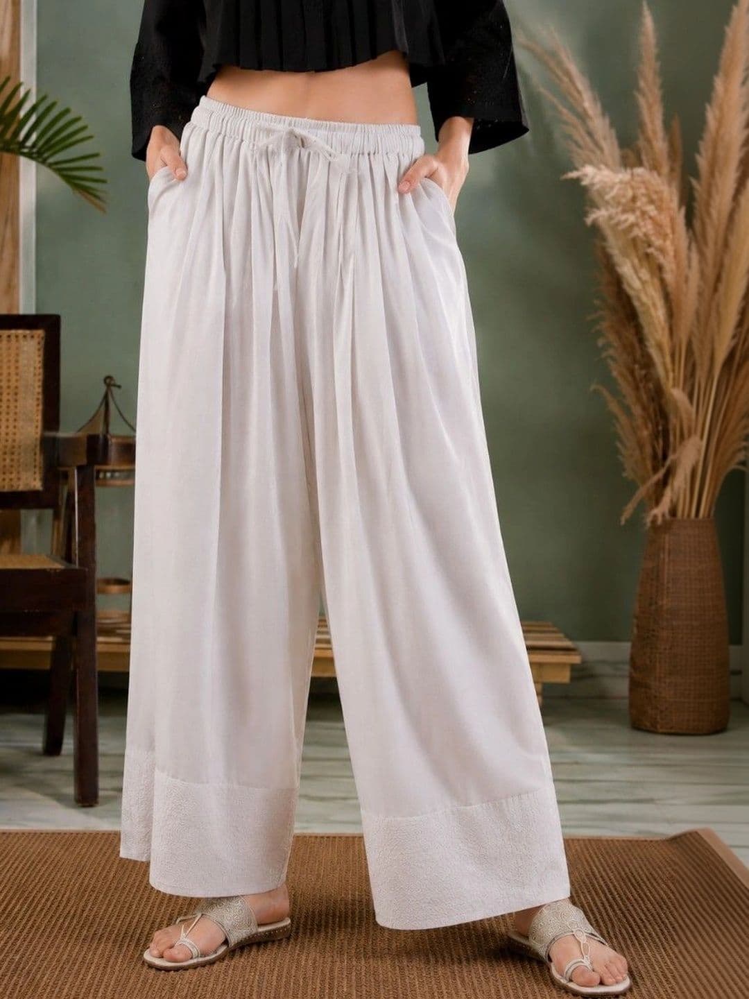 Anouk Mirage Women Pleated Chikankari Pure Cotton Top with Palazzos - view 1
