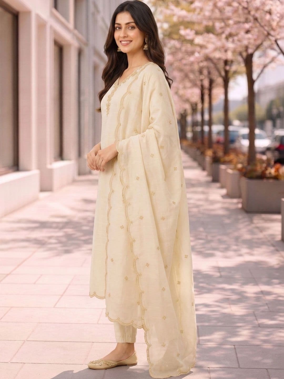 J MOGAL Women Ethnic Motifs Embroidered Kurta with Trousers & With Dupatta thumbnail 2