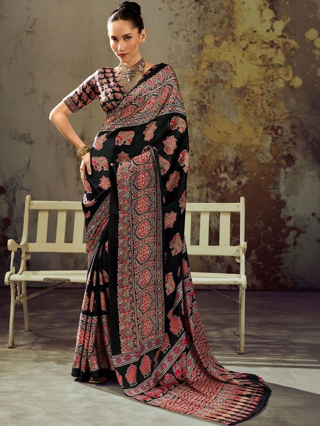 Sangria Kalamkari Satin Designer Block Print Saree - view 1