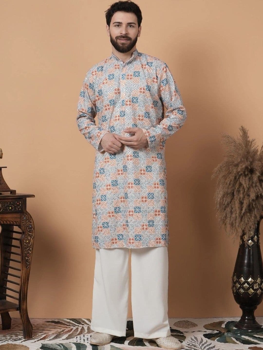 SHROBH Men Geometric Printed Khadi Kurta - view 1