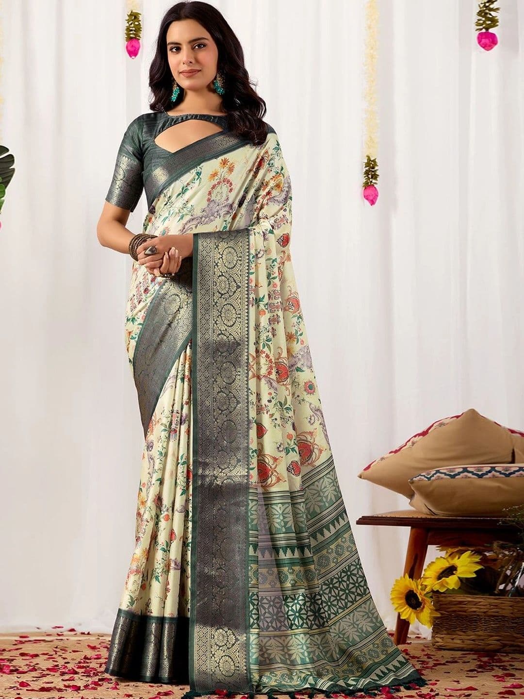 Moda Rapido Floral Zari Silk Blend Designer Saree - view 1