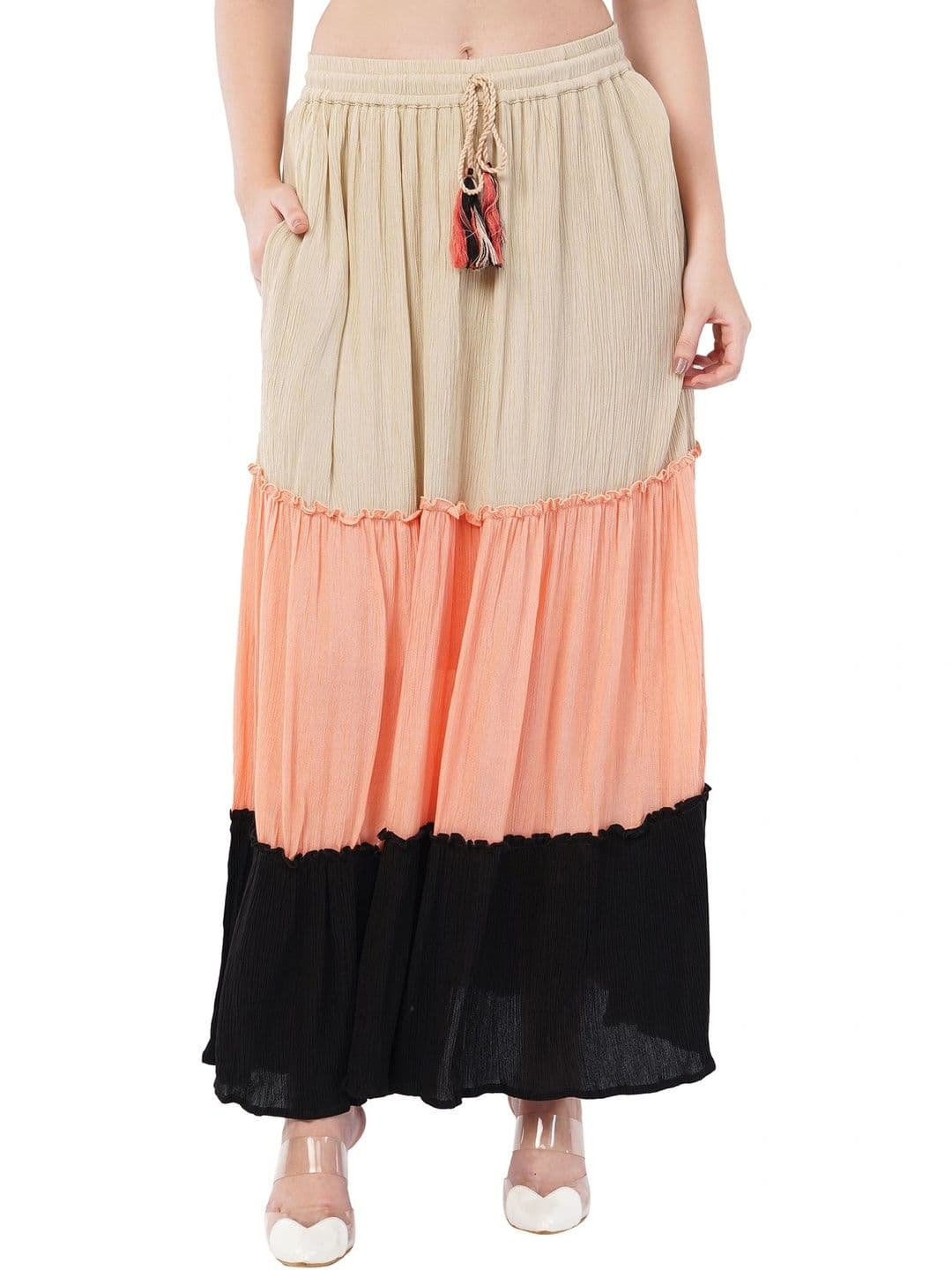 Rabhika Women Pure Cotton Cotton Cambric Colourblocked Maxi Tiered Skirt - view 1
