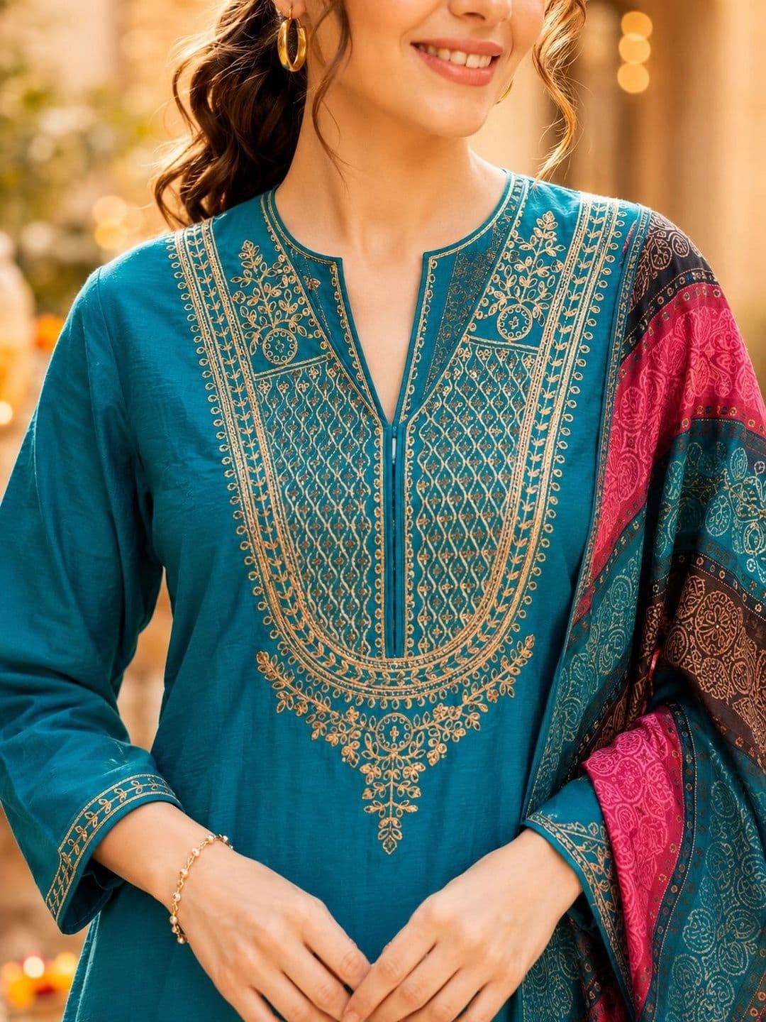 Nayam By Lakshita Women Ethnic Motifs Embroidered Regular Thread Work Kurta with Trousers & With Dupatta thumbnail 3