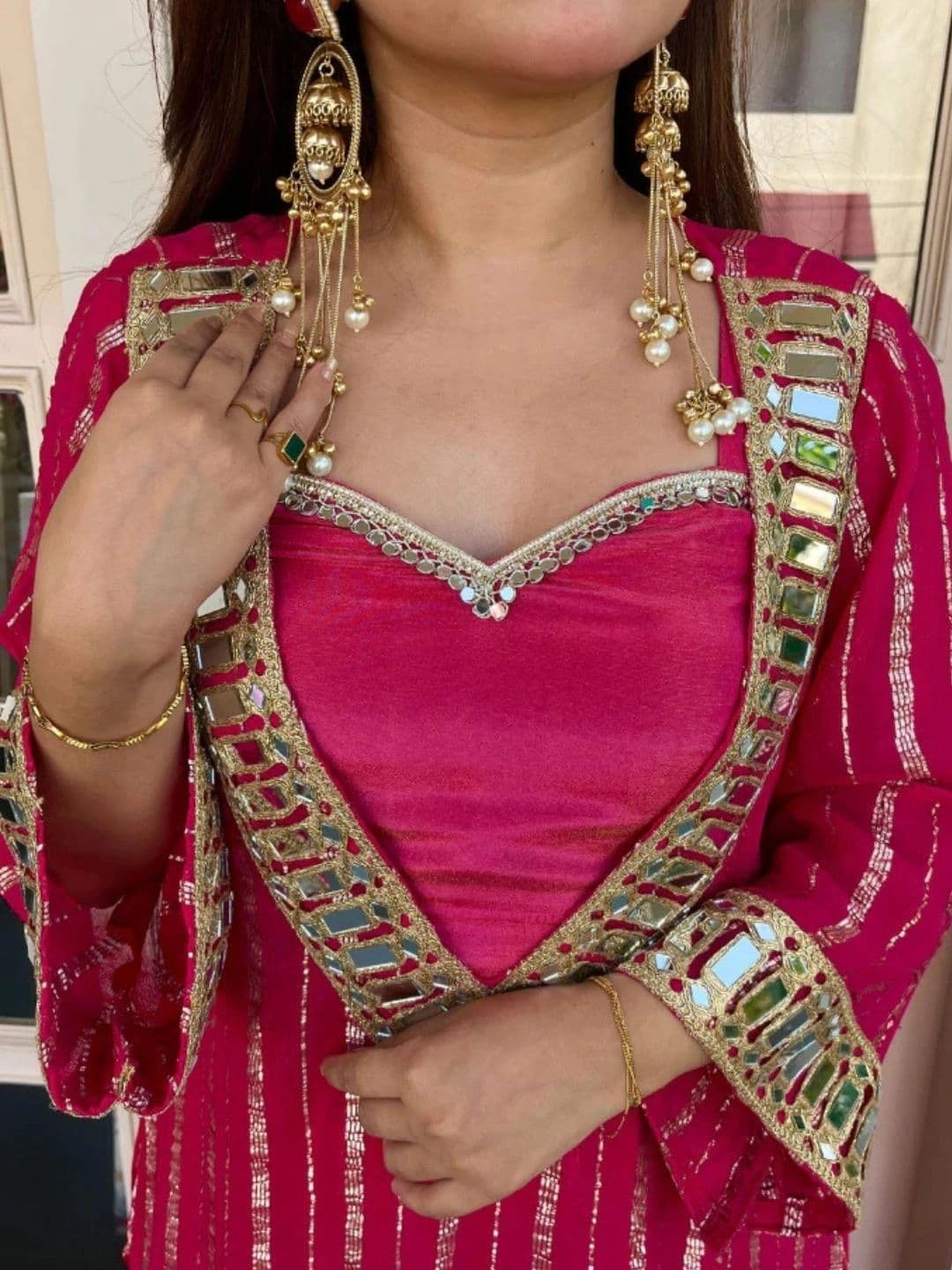HERE&NOW Women Ethnic Motifs Regular Mirror Work Chanderi Silk Kurta with Sharara thumbnail 3