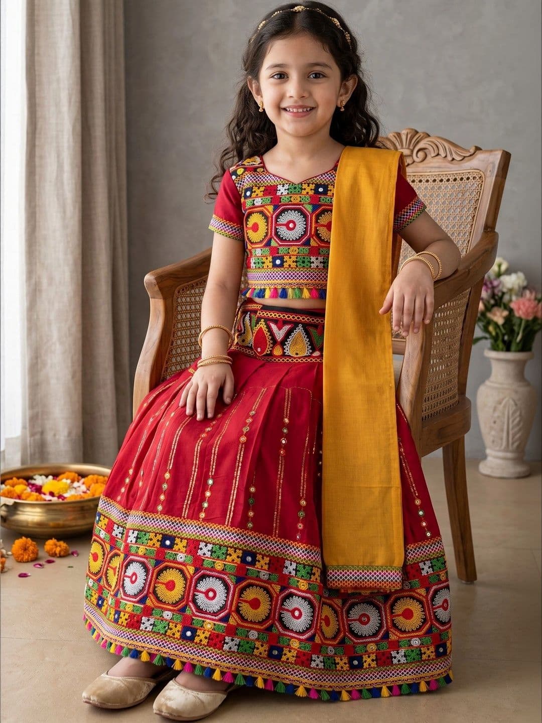 ahhaaaa Girls Embroidered Mirror Work Ready to Wear Lehenga & Blouse With Dupatta thumbnail 3