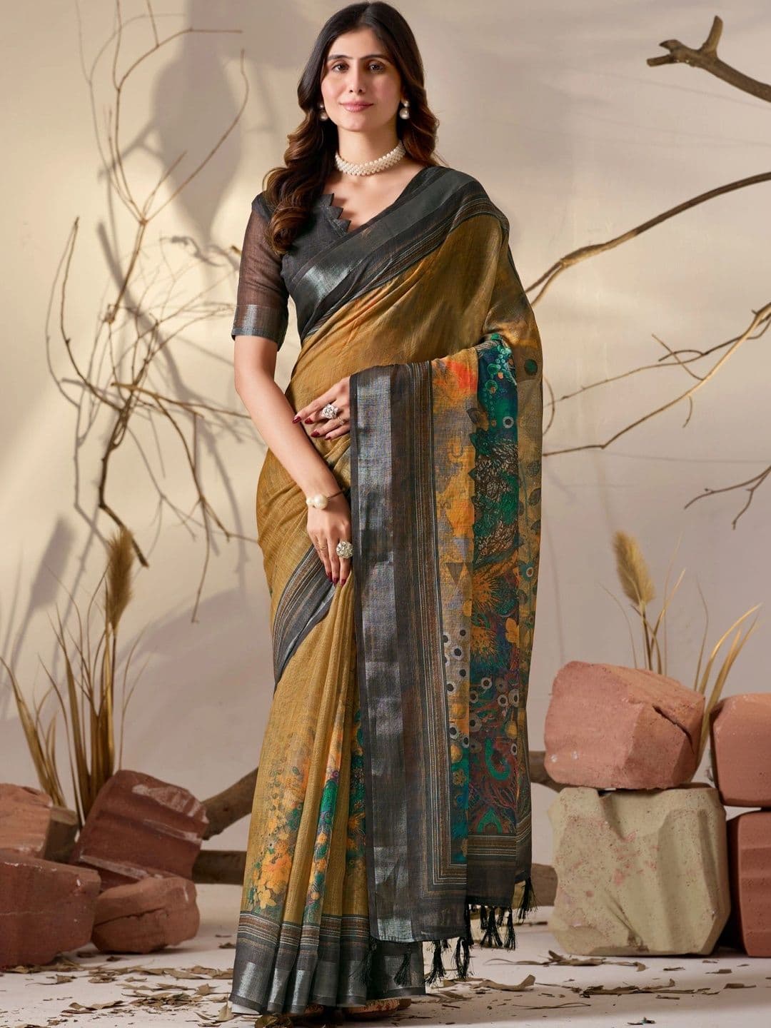 Moda Rapido Floral Zari Linen Blend Designer Saree - view 1