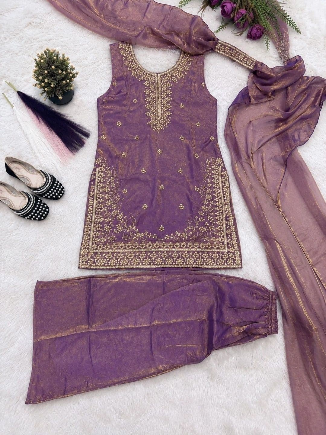 HERE&NOW Women Ethnic Motifs Embroidered Regular Kurta with Sharara & With Dupatta thumbnail 3