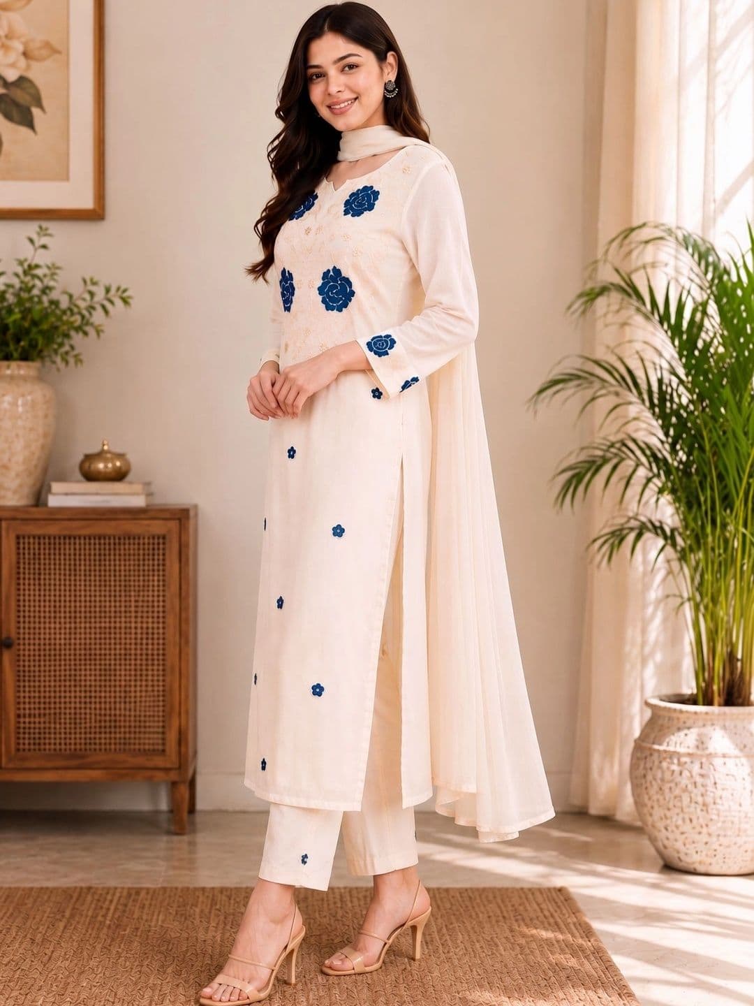 J MOGAL Women Floral Embroidered Regular Thread Work  Kurta & Trousers With Dupatta thumbnail 2