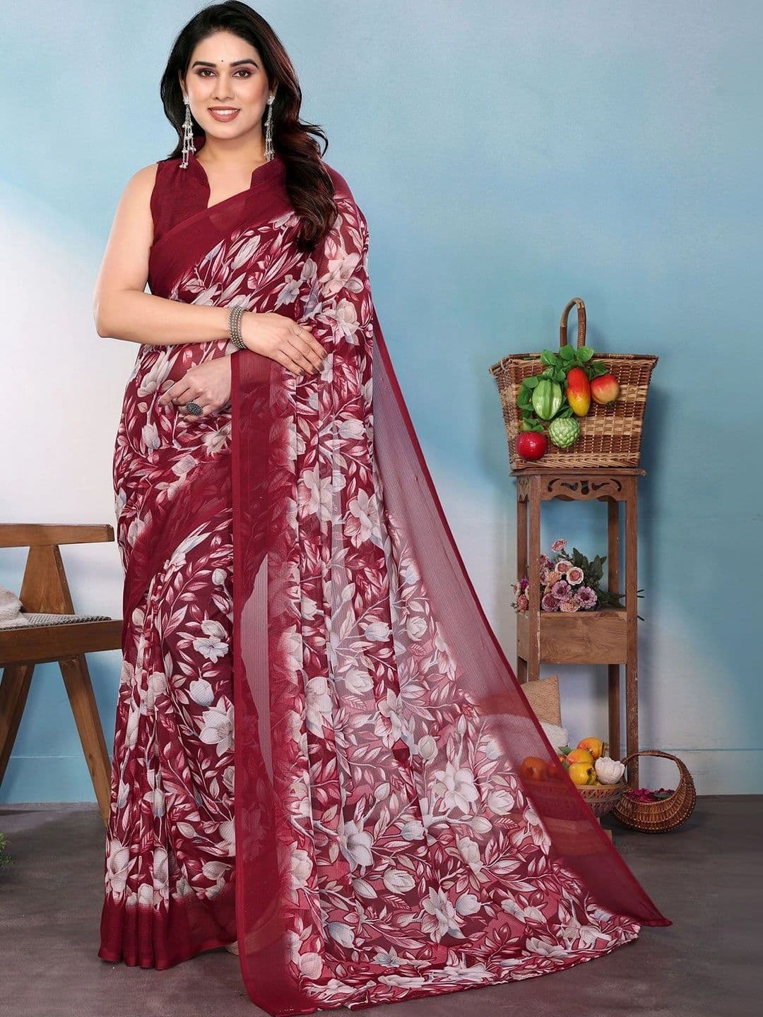 NIRVAAN Floral Poly Georgette Saree - view 1