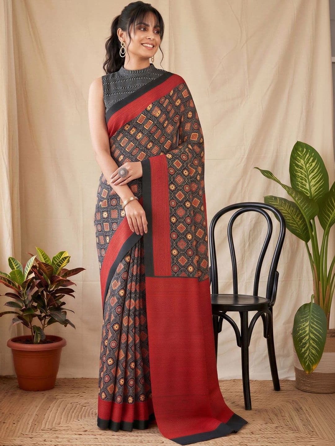 Anouk Bandhani Silk Blend Fusion Block Print Saree - view 1